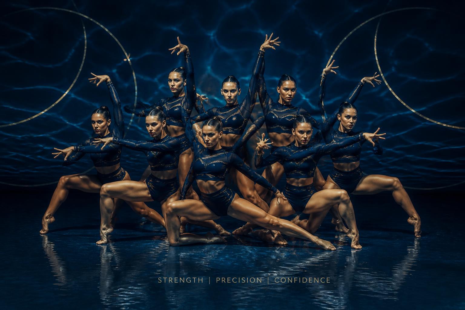 Strong, confident competition dancers in a powerful unison pose